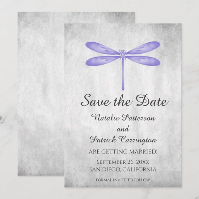 Invitation Faire part de mariage Purple Dragonfly Save the Da (Devant / Derrière)