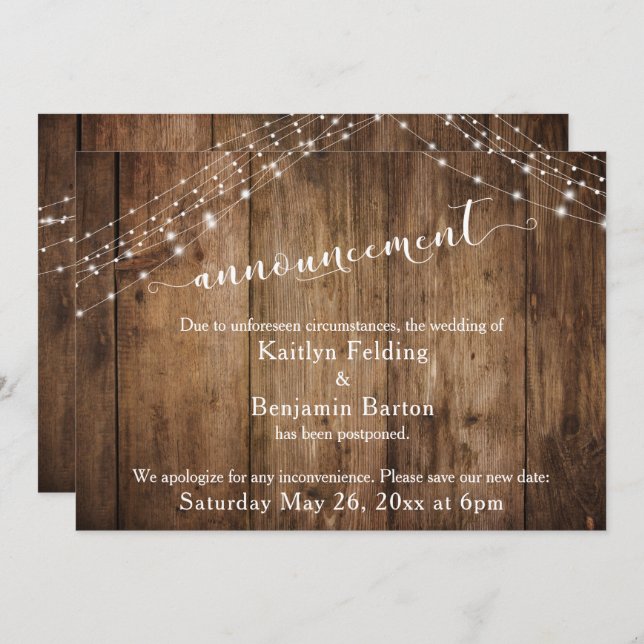 Invitation Faire part de mariage reporté en bois rustique ave (Devant / Derrière)