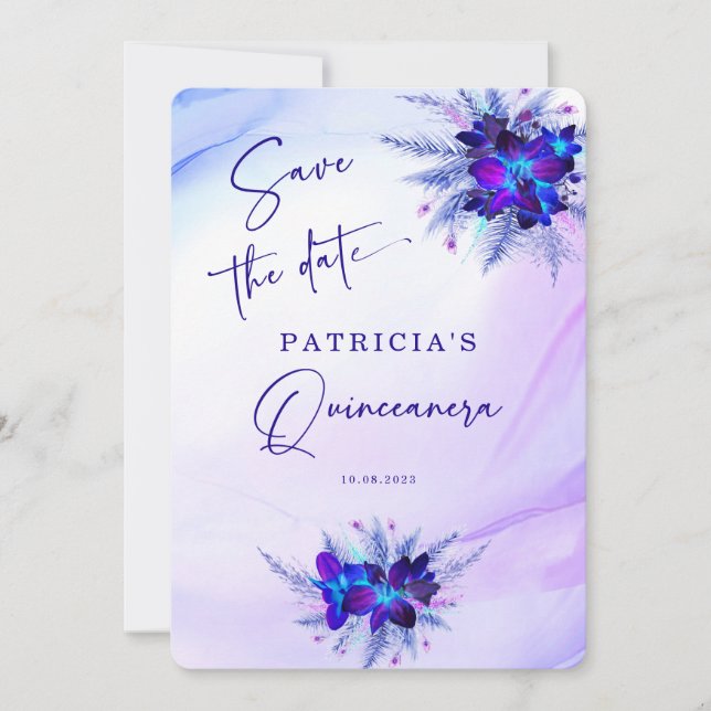 Invitation Faire part de Quinceañera Orchidée Bleue Violette (Devant)