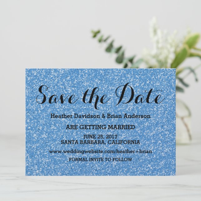 Invitation Faire part de sauvegarde avec paillettes bleues (Debout devant)