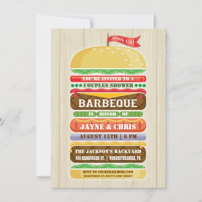 Invitation Faire pile rustique Hamburger Couples douche BBQ (Devant)