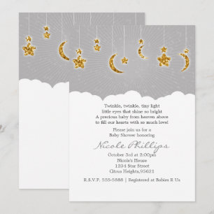 Invitation Faireparts de Baby Shower Gris Étoiles Lune et Nua