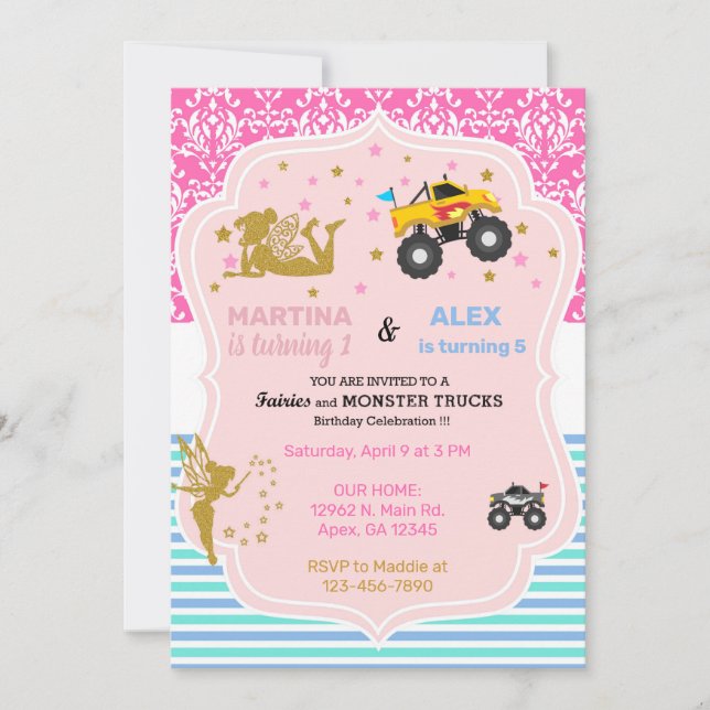 Invitation Fairy and monster trucks frères et soeurs annivers (Devant)