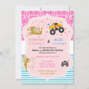 Invitation Fairy and monster trucks frères et soeurs annivers