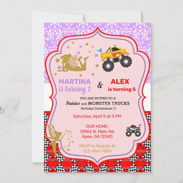 Invitation Fairy and monster trucks frères et soeurs annivers (Devant)