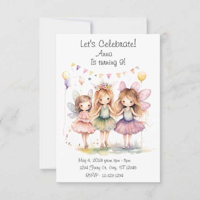 Invitation Fairy Birthday Party (Devant)