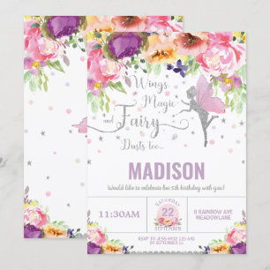 Invitation Fairy Birthday Purple Floral Silver Whimsical