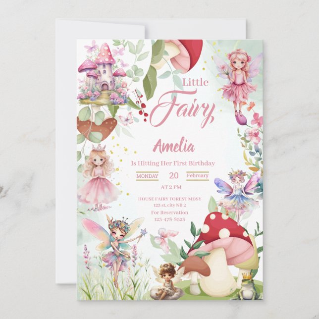 Invitation Fairy Champagne Fairytale Magique Anniversaire ros (Devant)