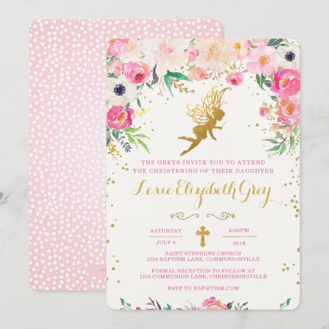 Invitation Fairy Christening Floral (Devant / Derrière)