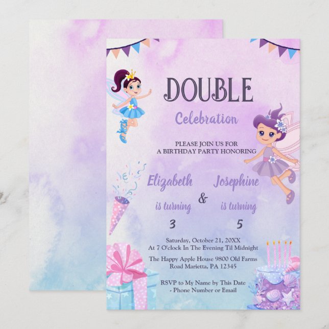 Invitation Fairy Double Birthday Party For Girls (Devant / Derrière)