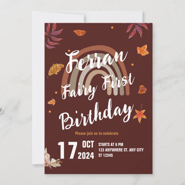 Invitation Fairy First Birday Fall Boho Rainbow (Devant)