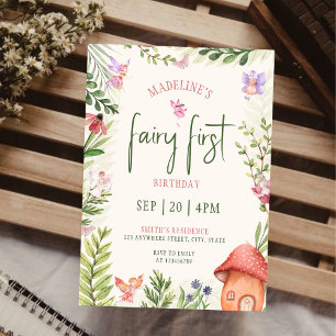 Invitation Fairy First Birday Forest Aquarelle Champagne