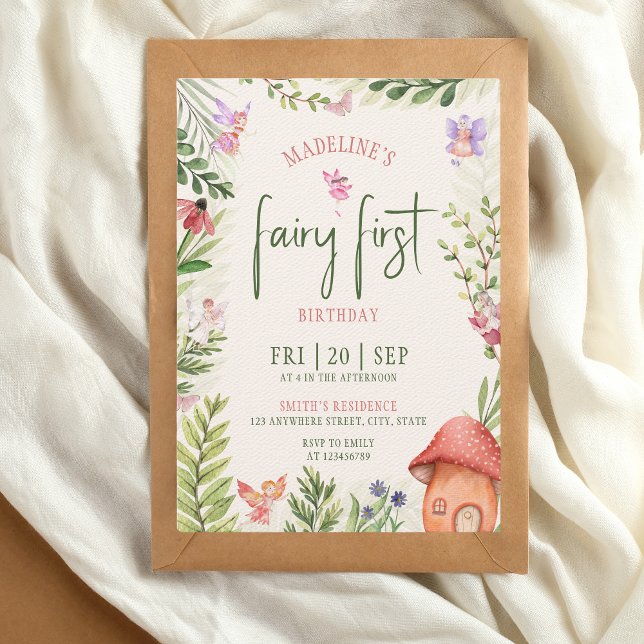 Invitation Fairy First Birday Forest Aquarelle Champagne (fairy first 1st birthday invitation)