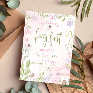 Invitation Fairy First Birday Forest Aquarelle Champagne