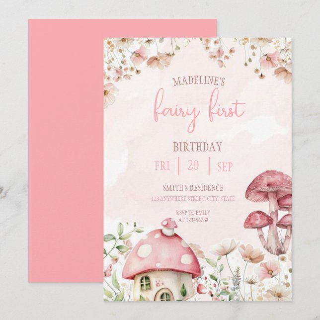 Invitation Fairy First Birthday Forest Watercolor Mushroom  (Devant / Derrière)
