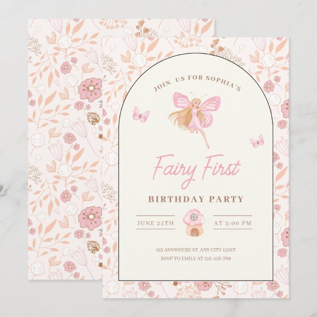 Invitation Fairy First Birthday Invitation, Garden anniversai (Devant / Derrière)