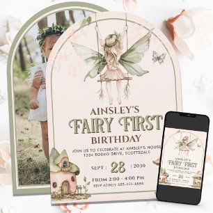 Invitation Fairy First Custom Photo Rose Sage 1er anniversair