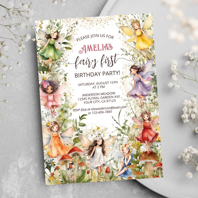 Invitation Fairy First Cute Floral Fairies Girls 1er annivers (Créateur téléchargé)