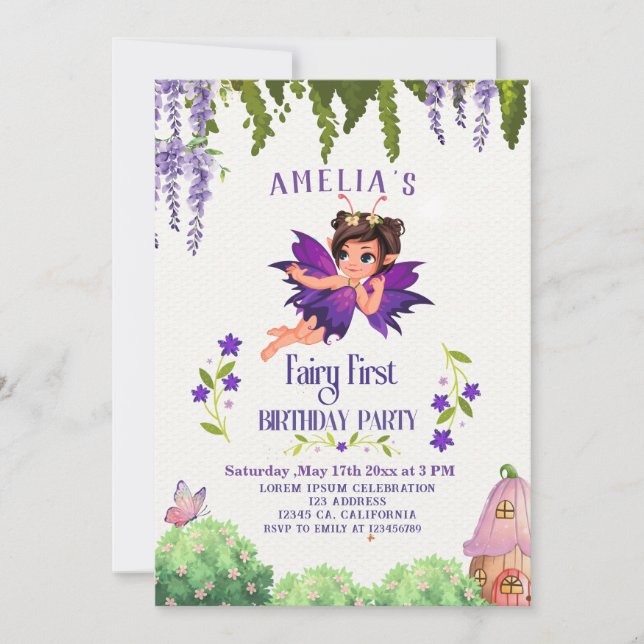 Invitation Fairy First Girl's 1st Birthday Enchanted forest (Devant)