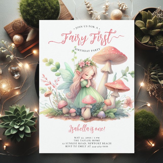 Invitation Fairy First Magical Garden Girls 1er anniversaire (fairy first girl birthday party invitation magical forest enchanted garden mushrooms pink gold green)