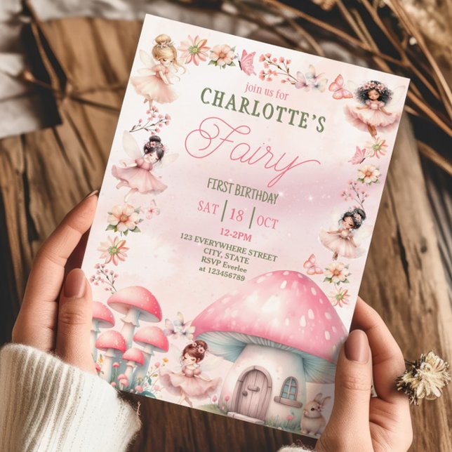 Invitation Fairy First Musroom House Rose Anniversaire (Créateur téléchargé)