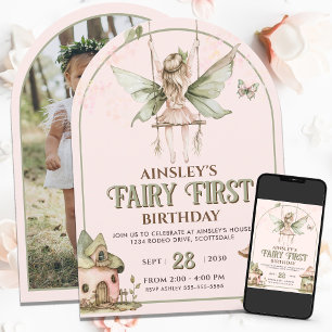 Invitation Fairy First Photo personnalisé Rose Sauge 1er Anni