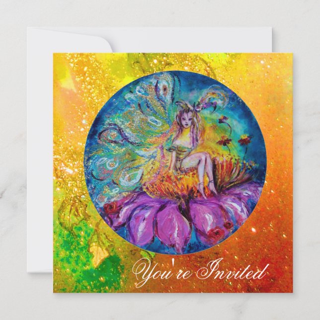 Invitation FAIRY IN NIGHT rose vert bleu jaune étincelles (Devant)