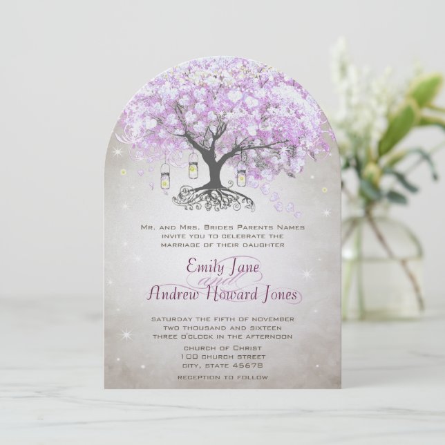 Invitation Fairy Lights Mason Jar Lavender Leaf Tree Mariage (Debout devant)