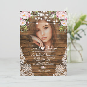 Invitation Fairy Lights Wood Floral et dentelle Sweet 16 Part