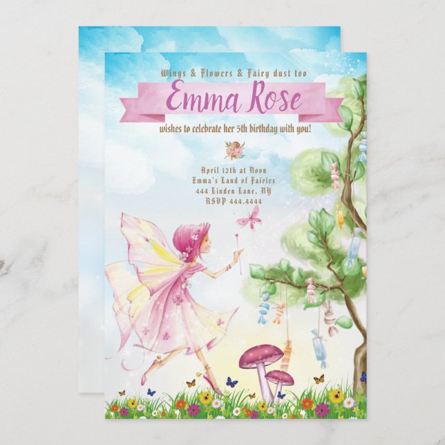Invitation Fairy Magie fête d'anniversaire (Devant / Derrière)