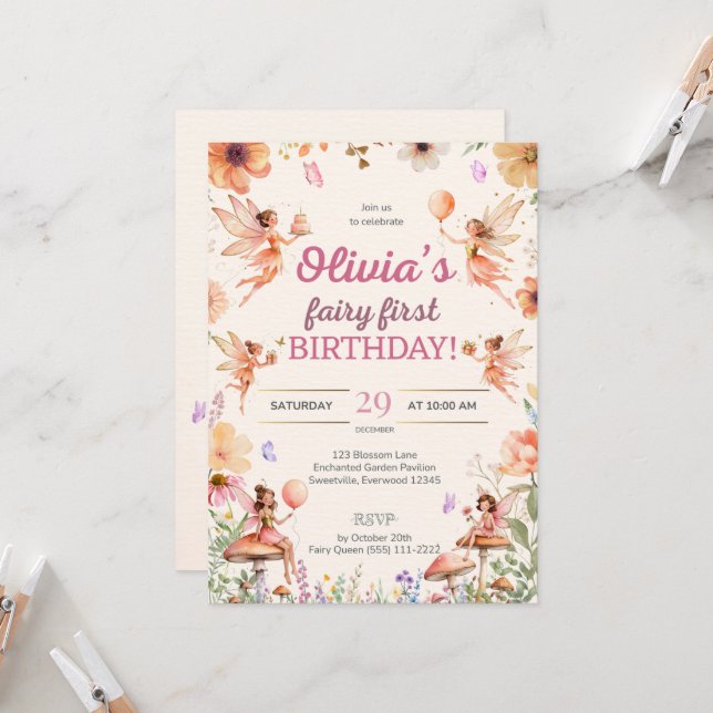 Invitation Fairy Premier anniversaire 1er anniversaire Invita (Devant/Arrière en situation)