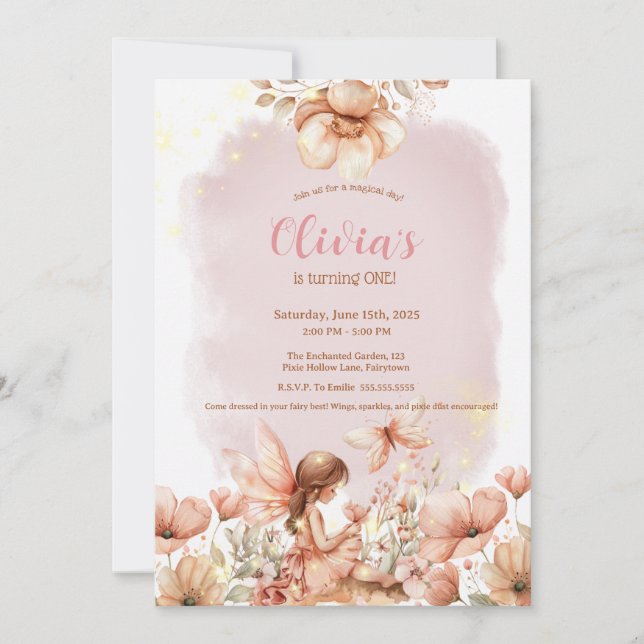 Invitation Fairy Premier thème Fille 1er anniversaire fête Pe (Devant)