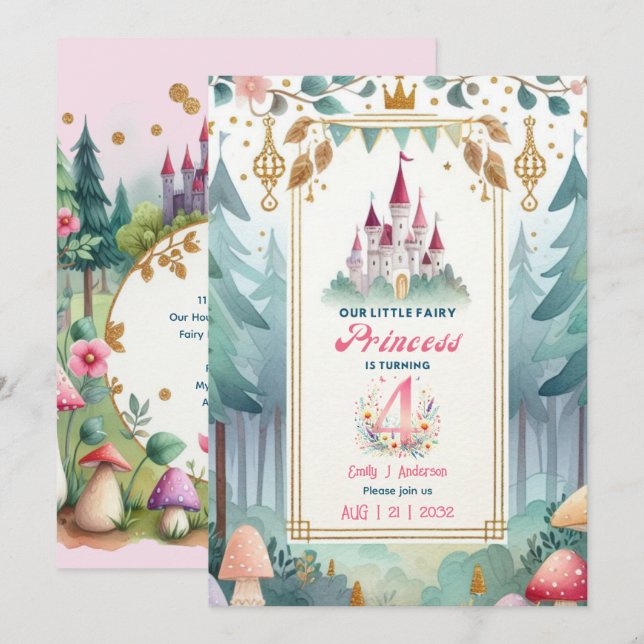 Invitation Fairy Princess 4e anniversaire Fairytale Fairycore (Devant / Derrière)