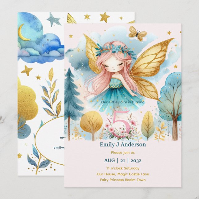 Invitation Fairy Princess 5E Anniversaire FIVE Pink Fairycore (Devant / Derrière)