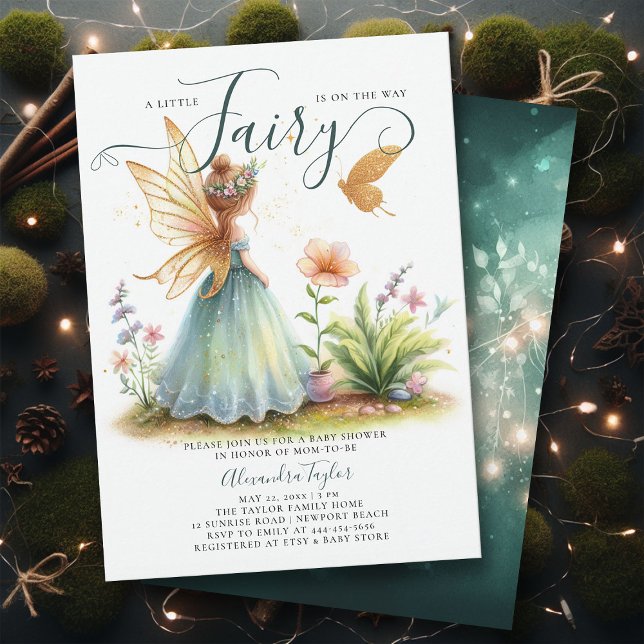 Invitation Fairy Princess Enchanted Emerald Baby Girl Douche (a little fairy girl baby shower invitation enchanted forest garden butterfly princess emerald gold)