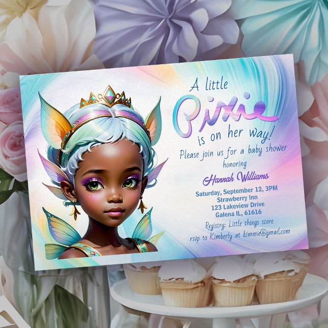 Invitation Fairy Princess Magique Pixie Baby shower africain (African American baby shower invitation with fairy princess and sweet rainbow pastel candy colors)