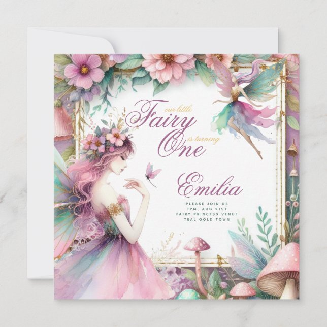 Invitation Fairy Princesse 1er anniversaire ou EDIT AGE Or Tu (Devant)