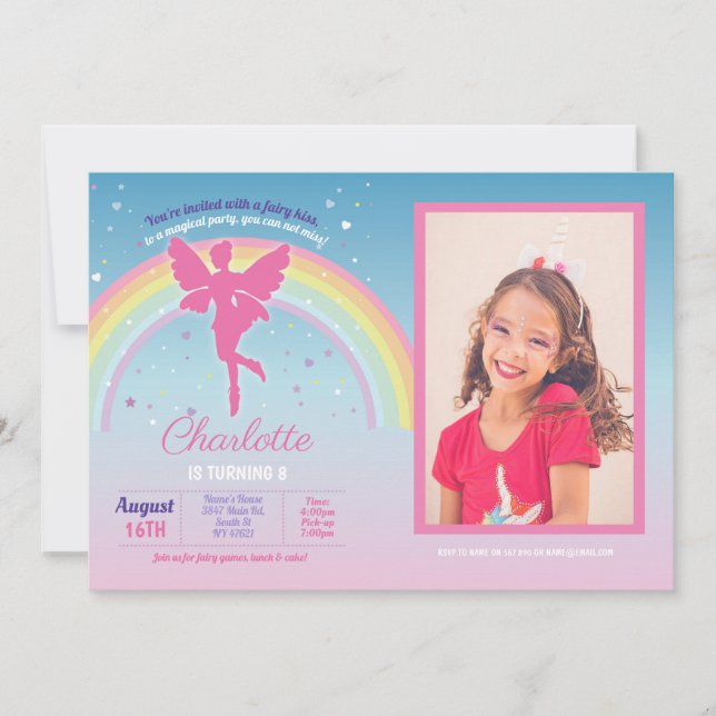 Invitation Fairy Rainbow Party Anniversaire Rose fées magique (Devant)