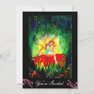 Invitation FAIRY RÊVER SUR UNE FLEURS ROUGE noir jaune vert
