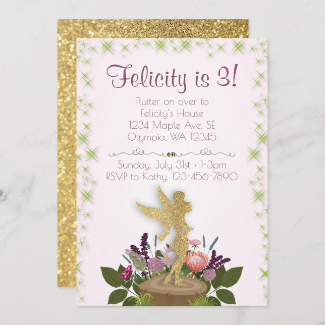 Invitation Fairy Sparkly Floral (Devant / Derrière)