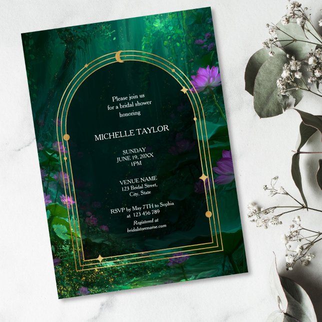 Invitation Fairy Tale Enchanted Forest Élégant Floral Bridal (green emerald enchanted forest with purple lotus flowers, dark arch framed with gold)