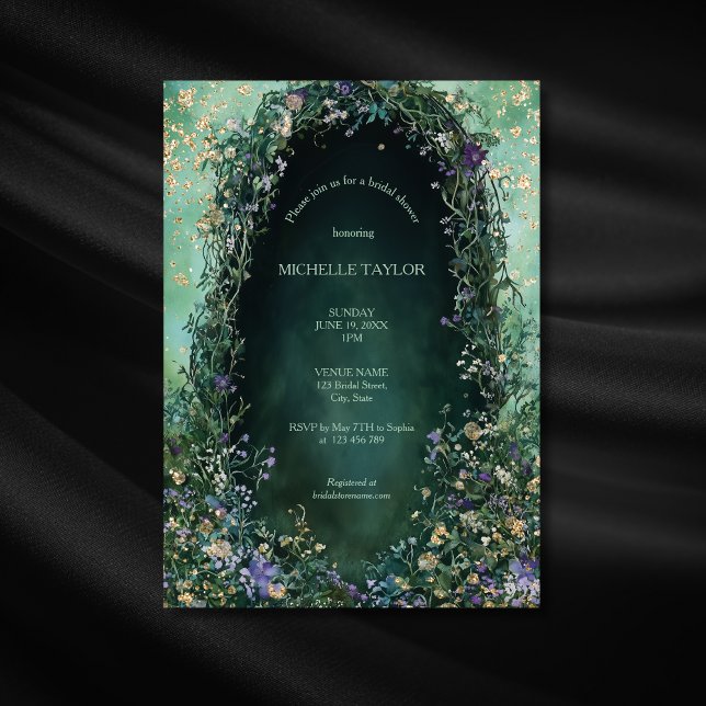 Invitation Fairy Tale Enchanted Forest Élégant Floral Bridal (emerald green and purple enchanted garden wood with meadow flowers bridal shower invitation)