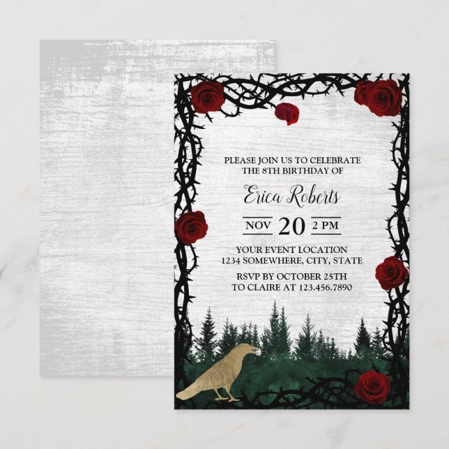 Invitation Fairy Tale Forest Rose & Thorn Gold Bird Anniversa (Devant / Derrière)