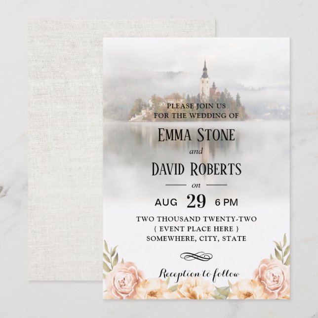 Invitation Fairy Tale Misty Lake Elégant Mariage Floral (Devant / Derrière)