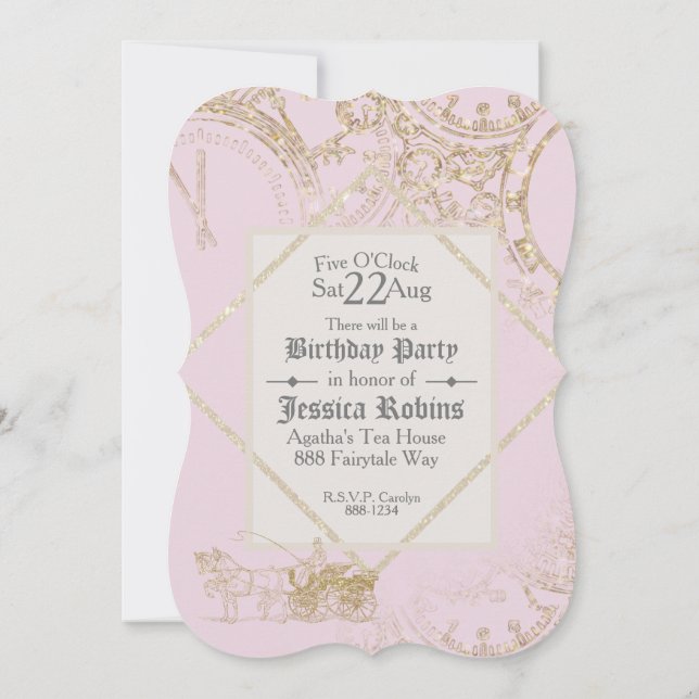 Invitation Fairy Tale Theme Castle Carriage Gold Parties scin (Dos)
