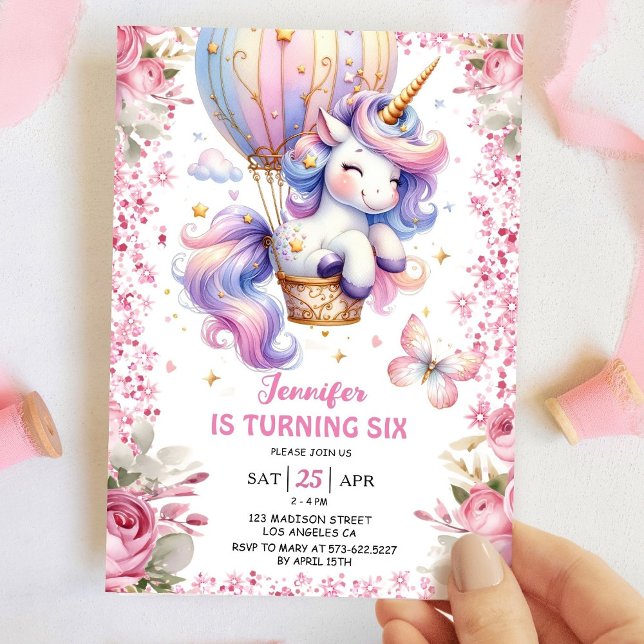Invitation Fairy Unicorn 6e anniversaire fille rose licorne (Créateur téléchargé)