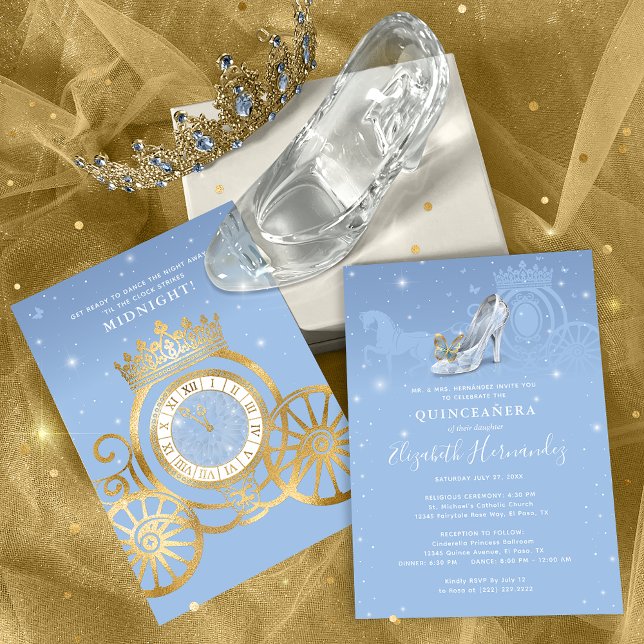 Invitation Fairytale Baby Blue Gold Cinderella Quinceanera (Light blue and gold Cinderella quinceanera invitations that will bring the magic to your big day!)
