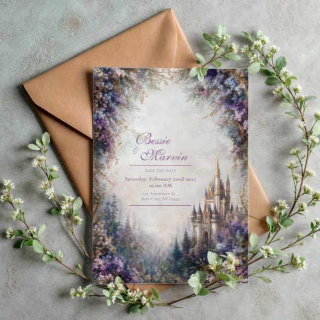 Invitation Fairytale Castle Purple Floral Misty Wedding (Créateur téléchargé)