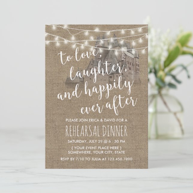 Invitation Fairytale Castle Rustic Burlap Rehearer Dîner (Debout devant)