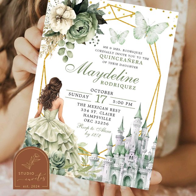 Invitation Fairytale Castle Sage Green Floral Quinceanera (Créateur téléchargé)